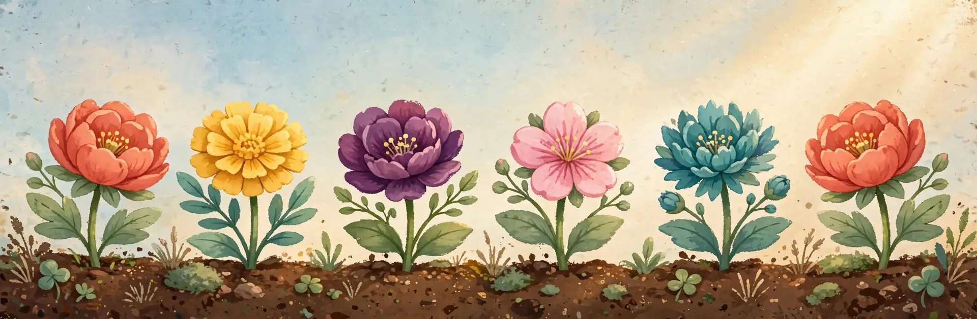 The painted garden of Bloometry, with flowers along the bottom and painted blocks above