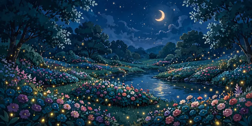 A painted garden at night