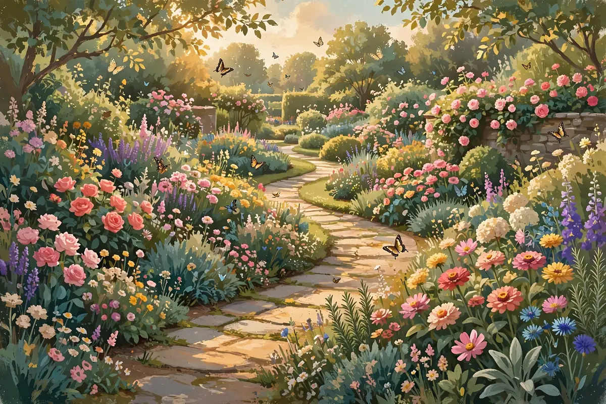A painted garden postcard